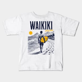 Vintage Surfing Sketch // Waikiki Beach Hawaii // Retro Surfer Drawing Kids T-Shirt